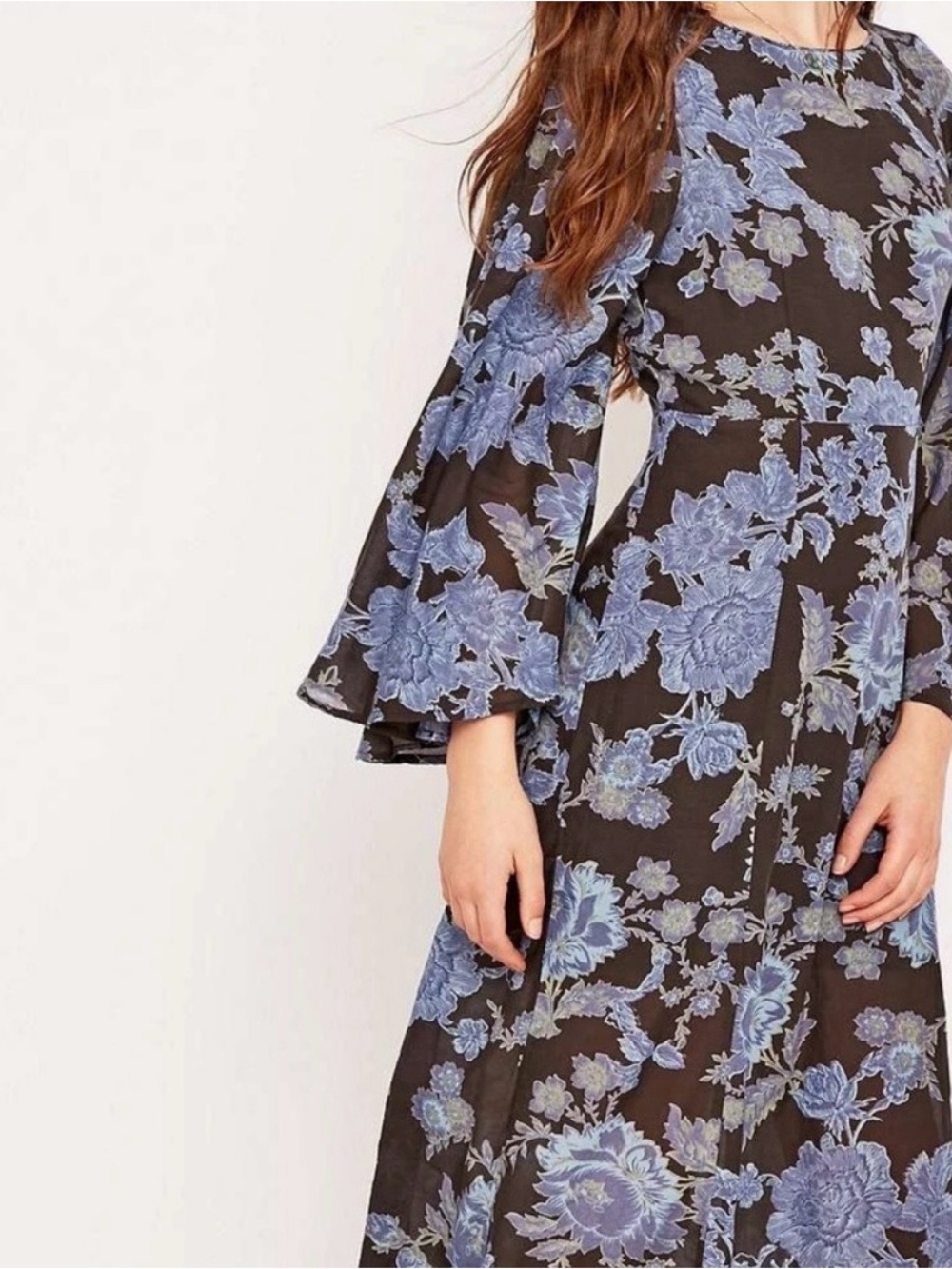 Free People Melrose Maxi Dress with Dark Gray and Blue Floral Print Bell Sleeves - Picture 2 of 5